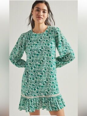 NWT retail $138 size M #Anthropologie Green Floral Long-Sleeve mini Dress